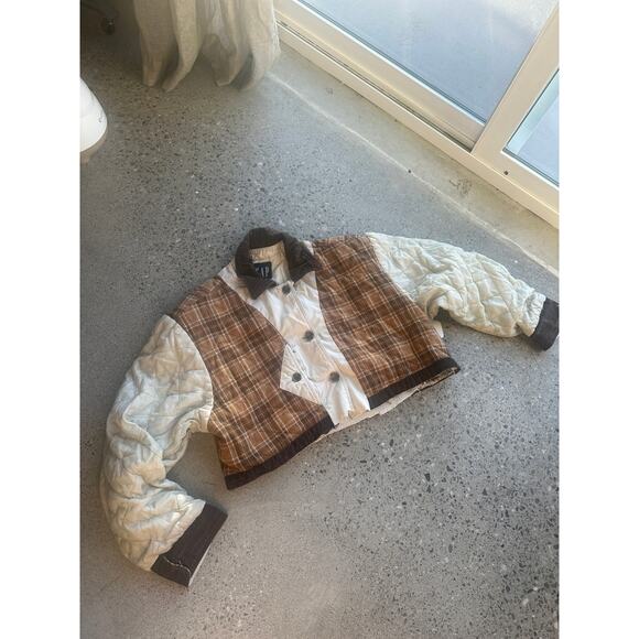 GAP Reworked Women’s Quilted Cropped Patchwork Jacket Neutral Plaid - Picture 1 of 3